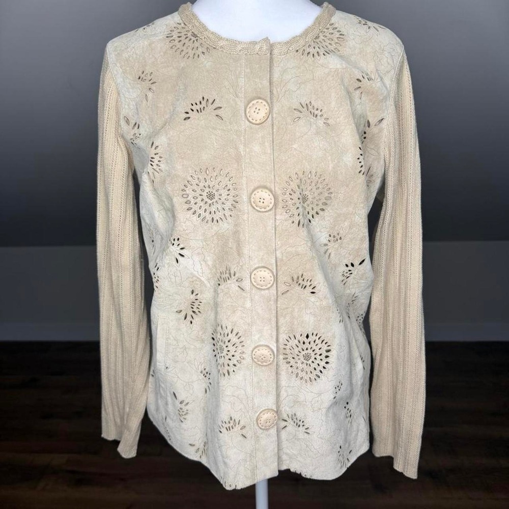 Sigrid Olsenā Genuine Embossed Leather Knit Jacket Quiet Luxury Coastal Chic